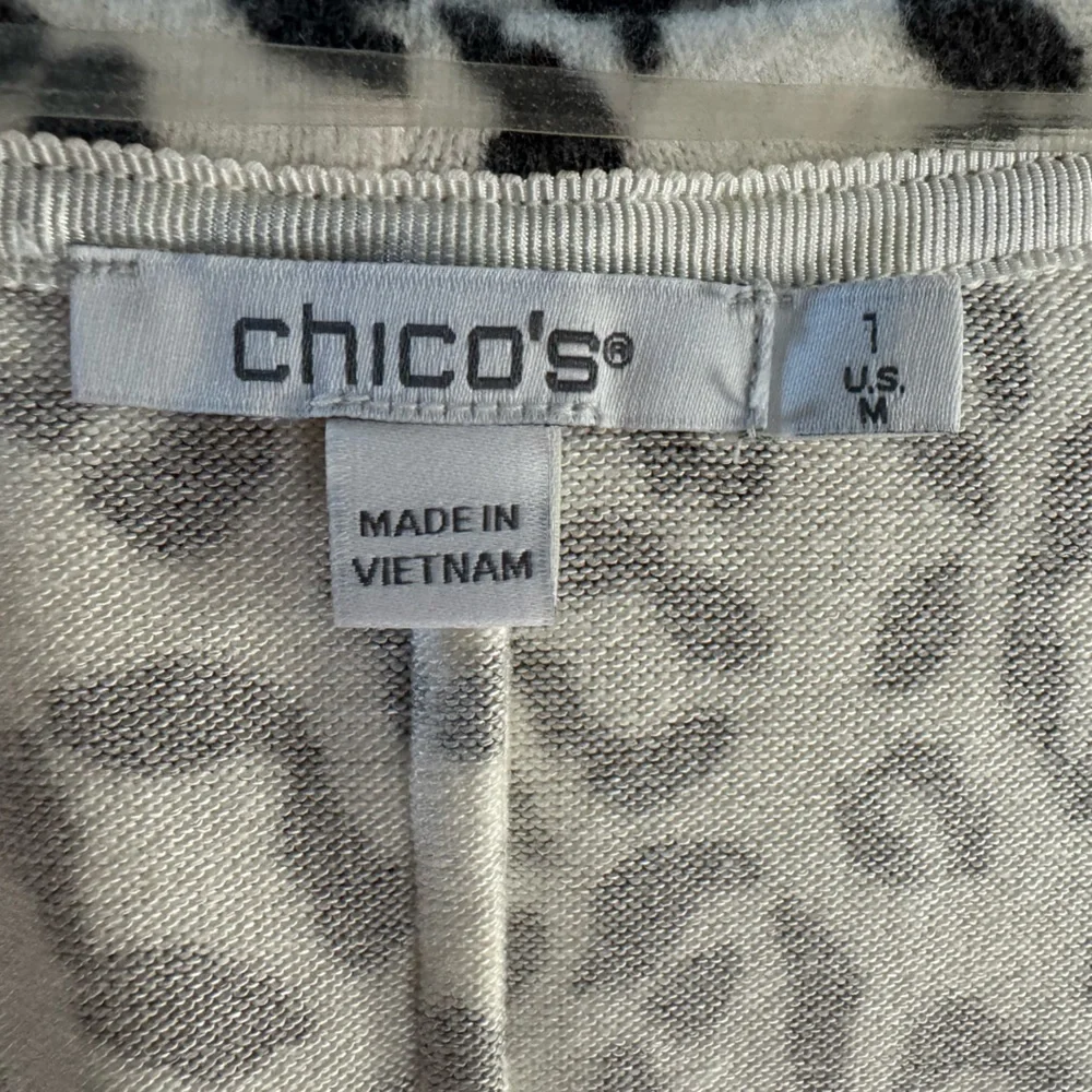 Chico’s‎ Tie Front Cardigan Size 1/M Black White Animal Print Open Front